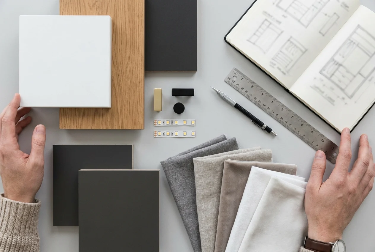 Closet design materials laid out with samples, tools, and sketches