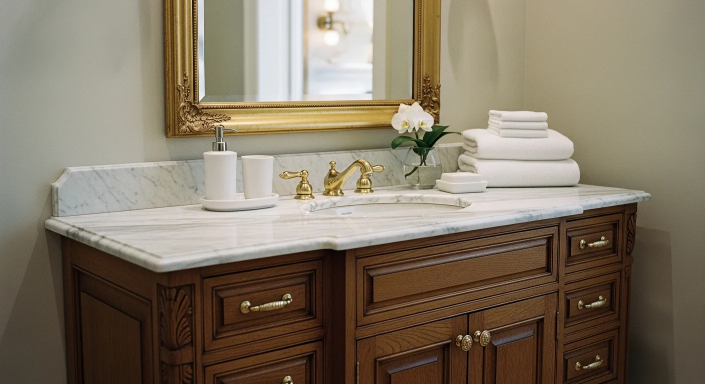 Traditional bathroom vanity with ornate wood, marble-look countertop, and accessories.