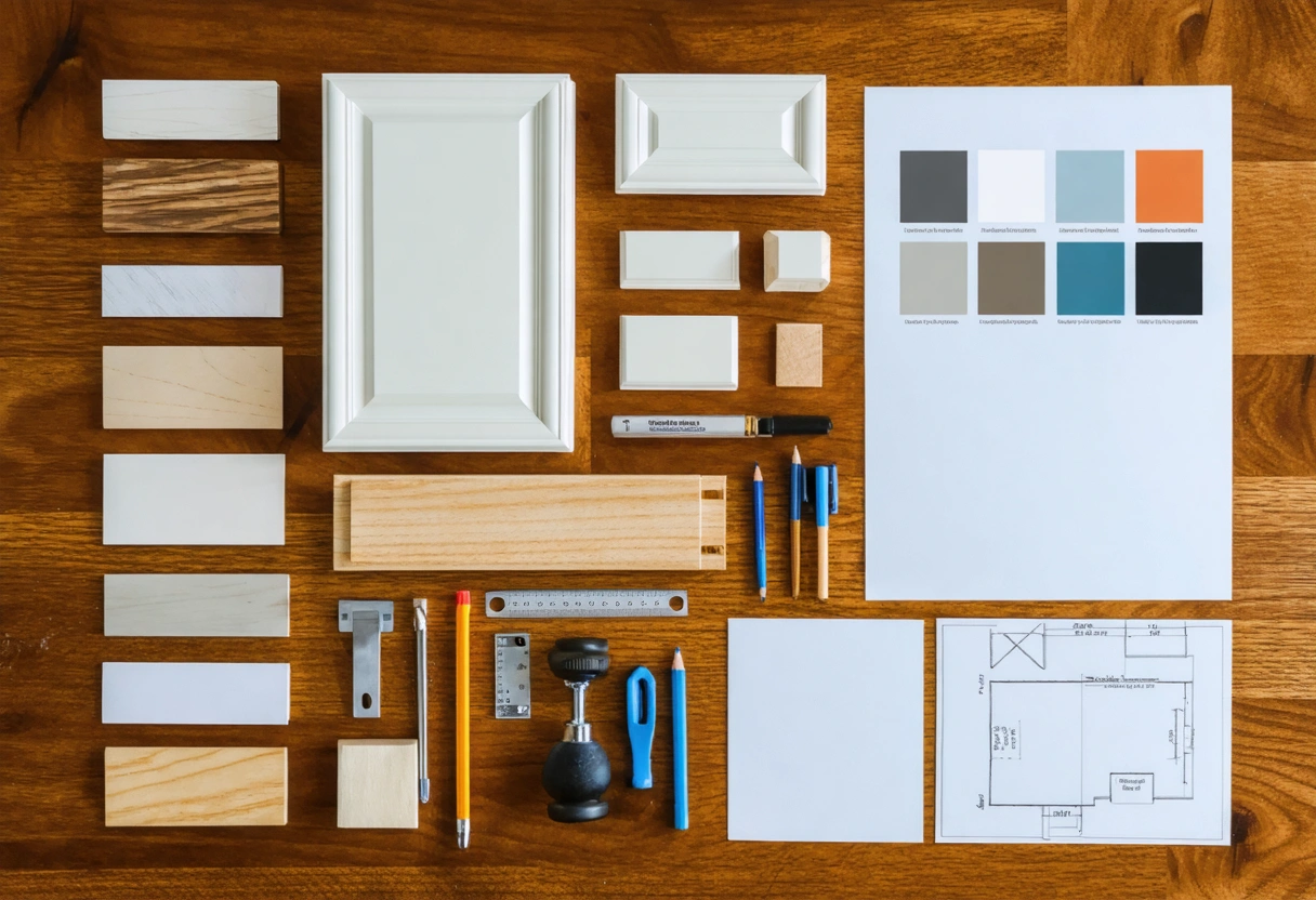 Cabinet refacing planning workspace with samples, swatches, tools, and layout sketch