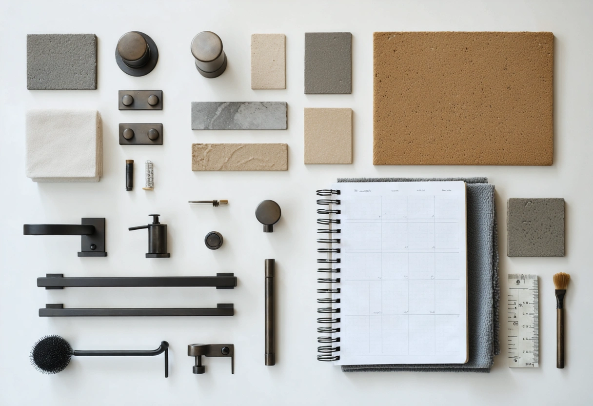 Top-down bathroom finish samples and hardware swatches for remodel planning