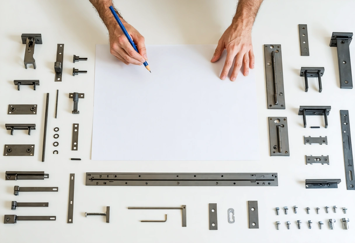 Overhead layout of cabinet hardware, tools, and project notes