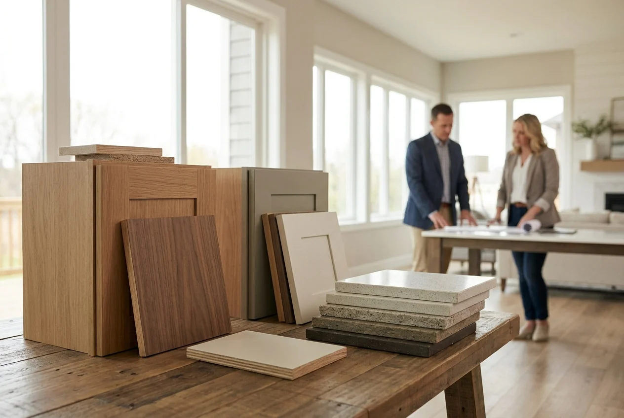 Sustainable kitchen materials display with wood veneers, finish samples, and boards