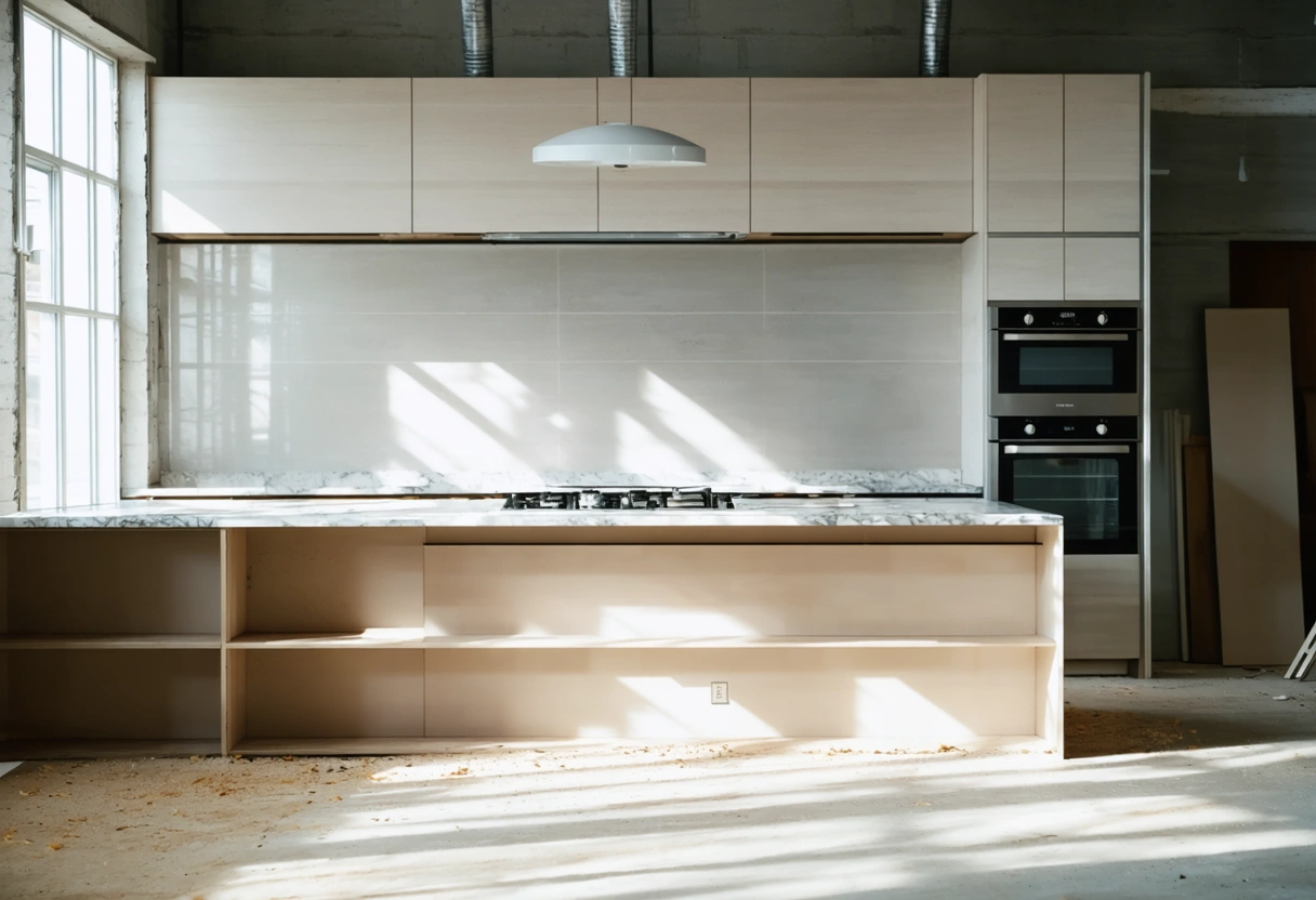 Unfinished kitchen with cabinets, countertop slab, and staged materials for approval