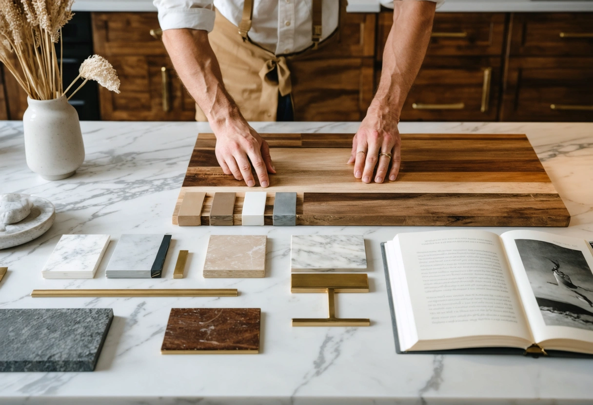 Cinematic hero image of a modern kitchen planning workspace in a stylish Venice, Florida home, featuring warm wood