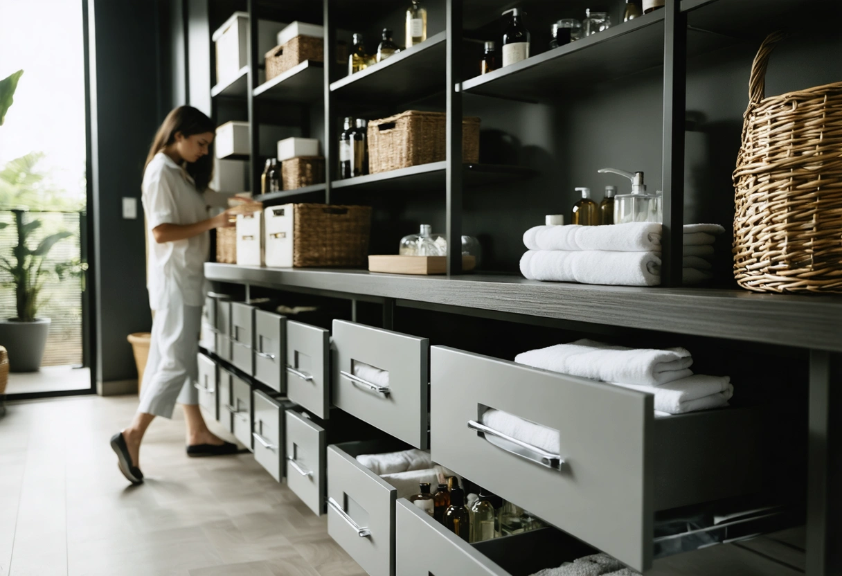 Small bathroom comparing clear drawer bins with woven open-shelf baskets