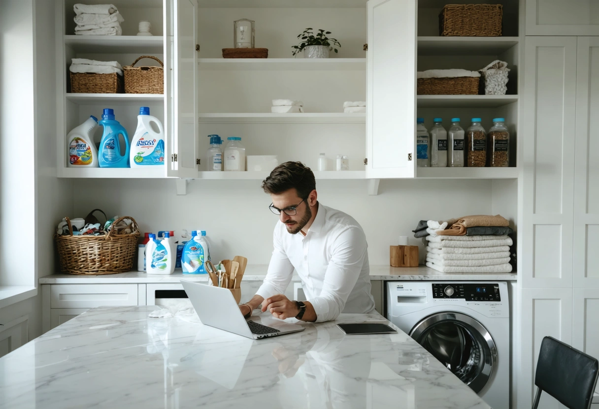 Homeowner studies laundry cabinetry layout with detergents, linens, and storage zones