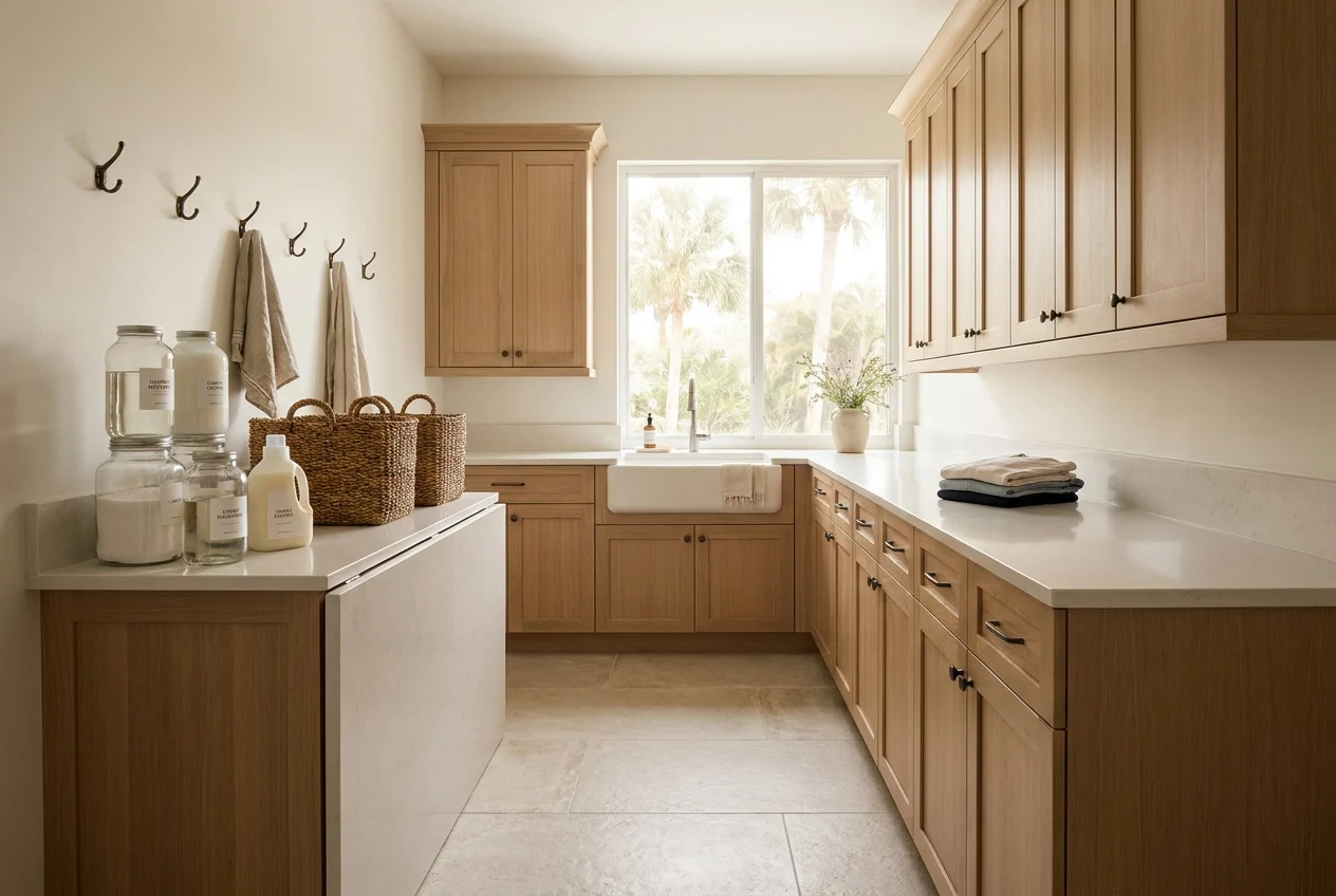 cinematic-wide-hero-shot-of-a-S4mVOW Cinematic wide hero shot of a bright Florida laundry room revamp in a Venice home, stylish custom cabinetry
