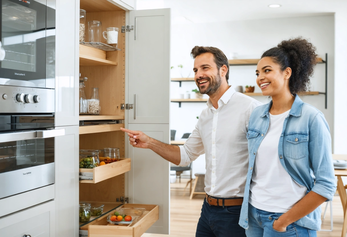 Couple and consultant reviewing smart storage features in a bright showroom