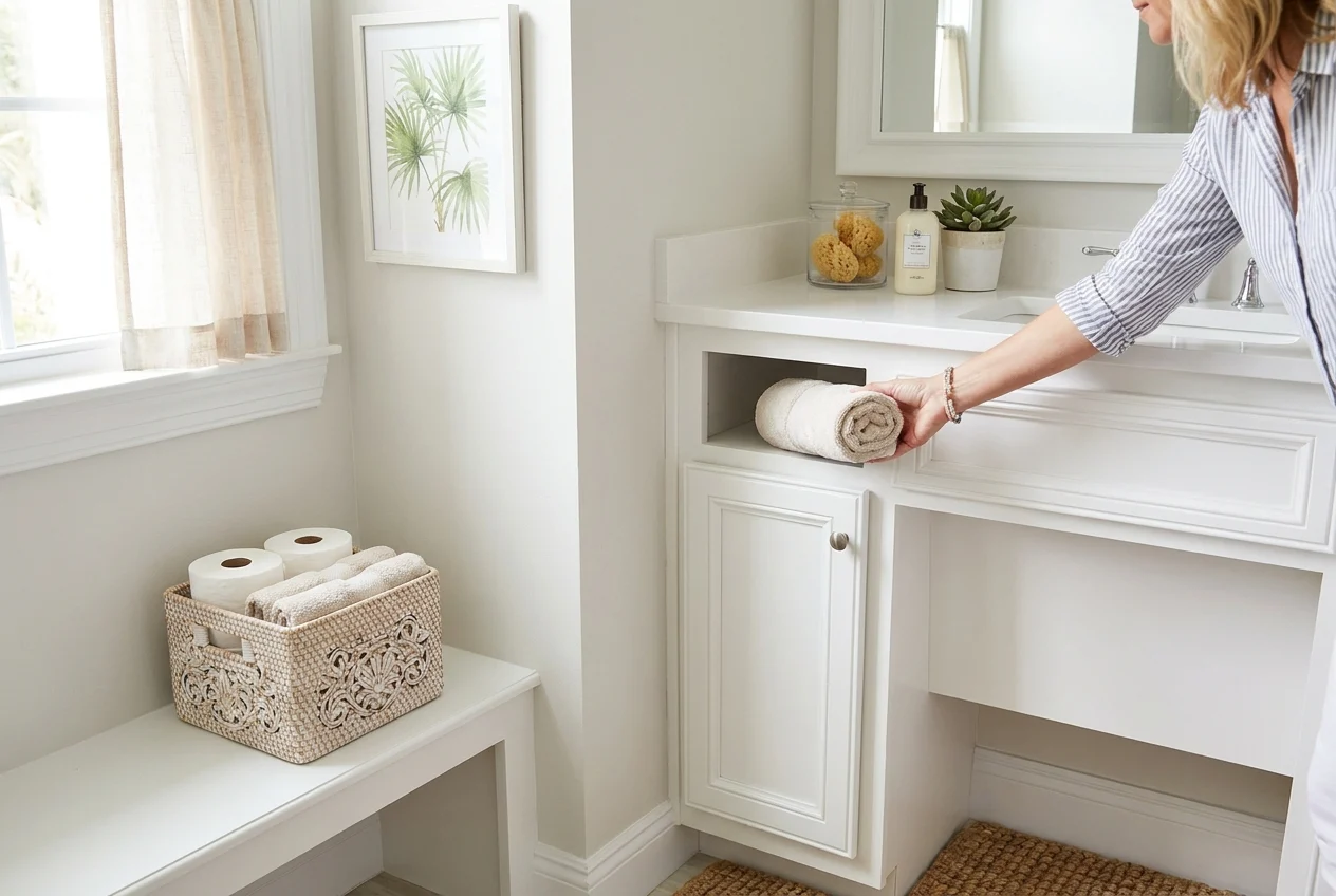Two people planning guest bathroom storage beside a vanity and toiletries