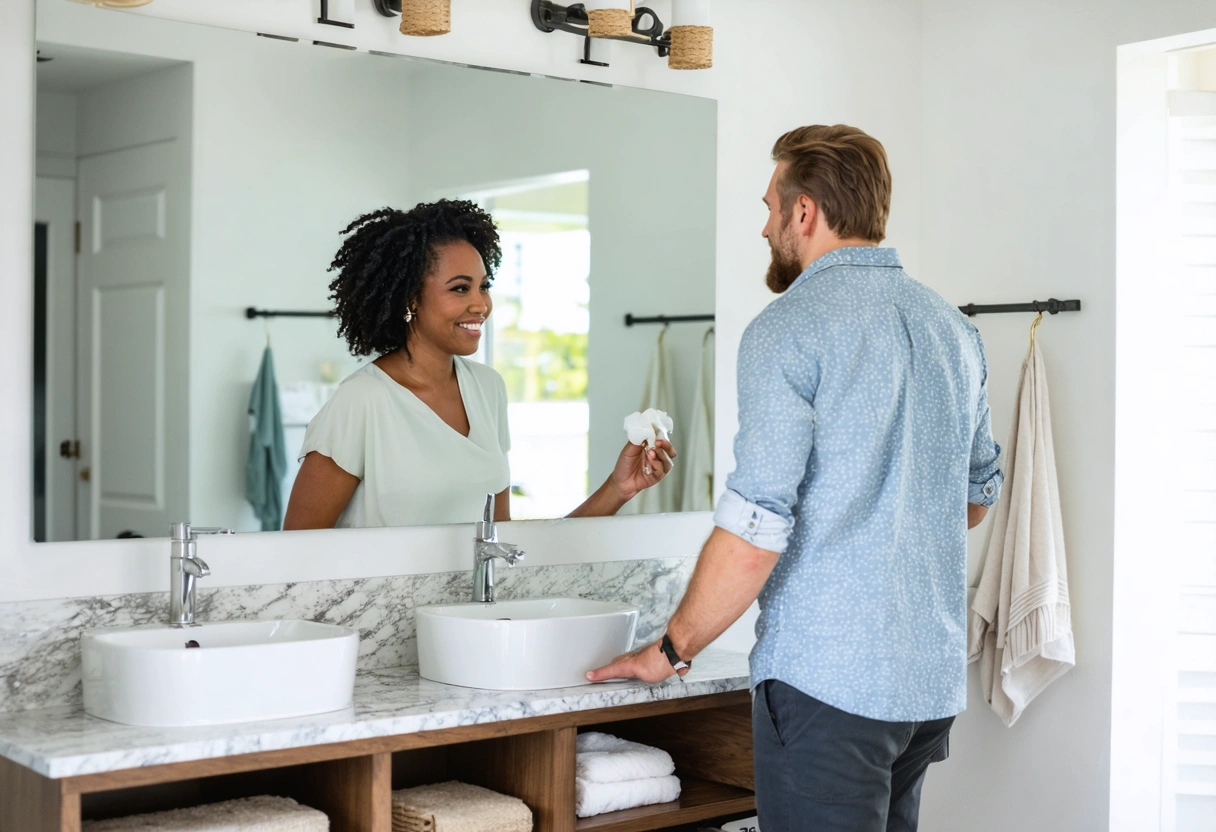 dynamic-hero-image-of-a-homeowner-nzz6JD Dynamic hero image of a homeowner and a cabinetry design consultant collaborating beside an open bathroom vanity in