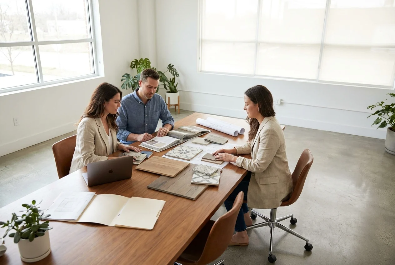 Designer and homeowner reviewing remodel samples in a bright workspace