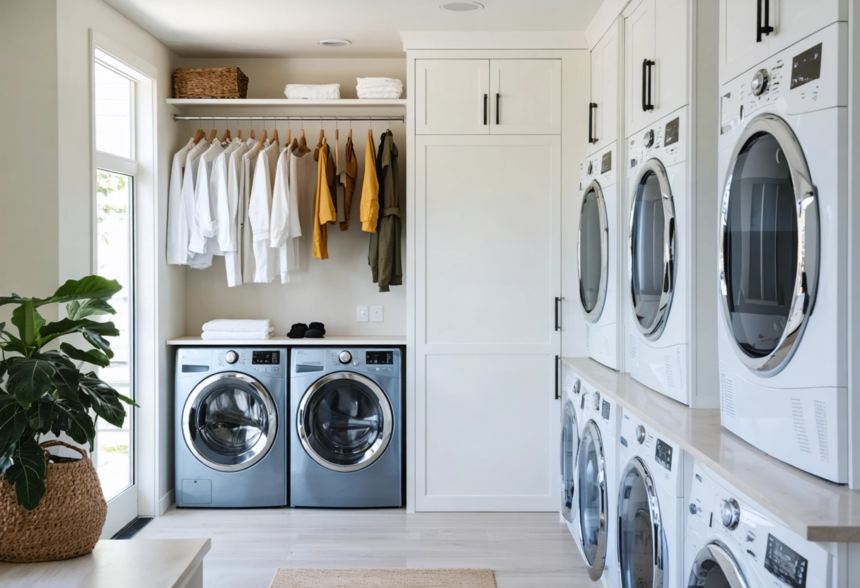 Modern laundry room with wall-mounted drying rack, cabinets, and hanging garments