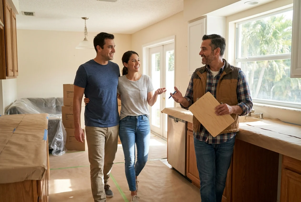 Homeowner couple and remodeling professional discussing construction prep in a kitchen