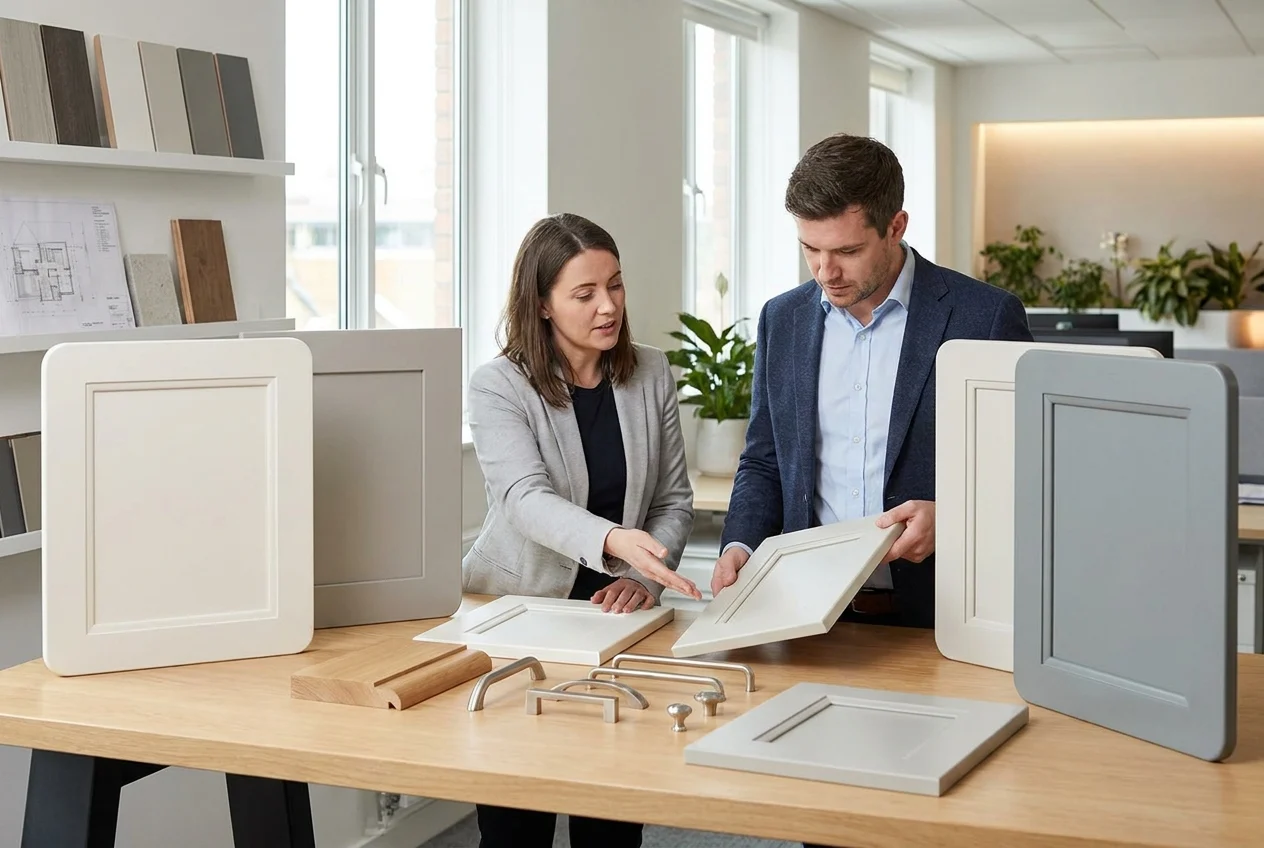Two people compare updated shaker cabinet profiles in a design studio