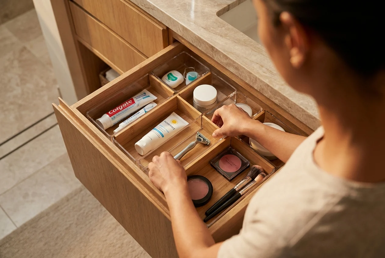 Top-down bathroom essentials drawer layout with dividers, tools, and notebook