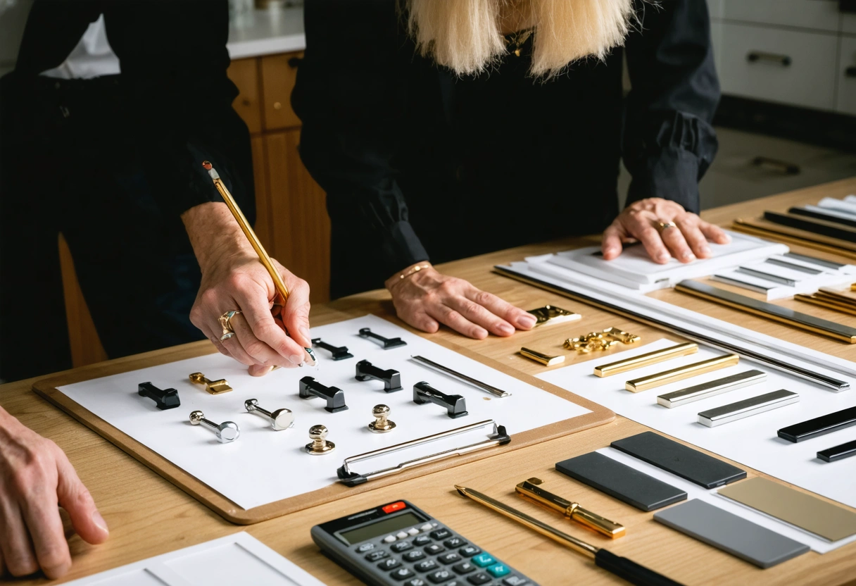 Designer and homeowner review hardware, lighting, and finish samples together