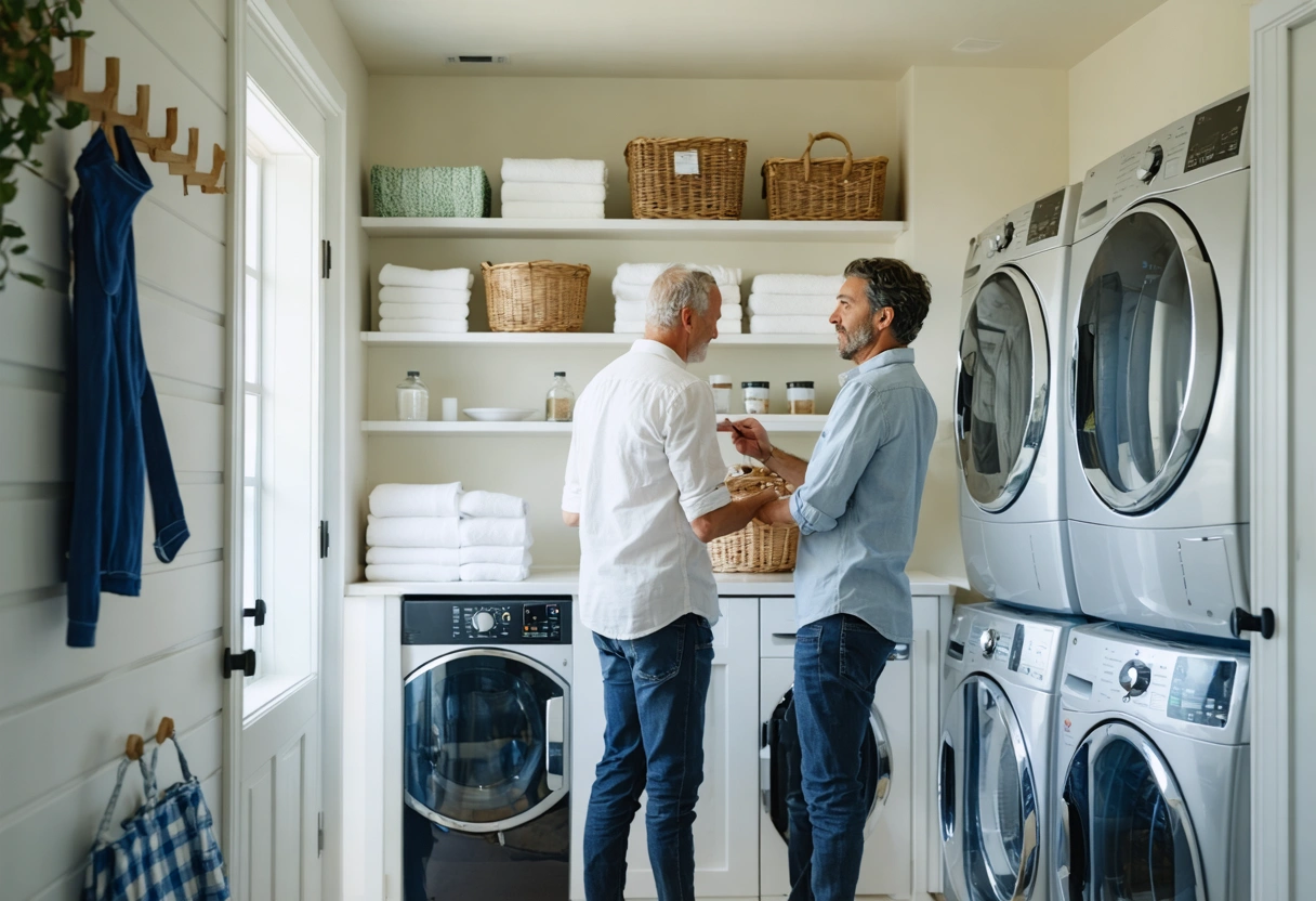 Couple reviews organized laundry room shelving, drying area, and storage baskets