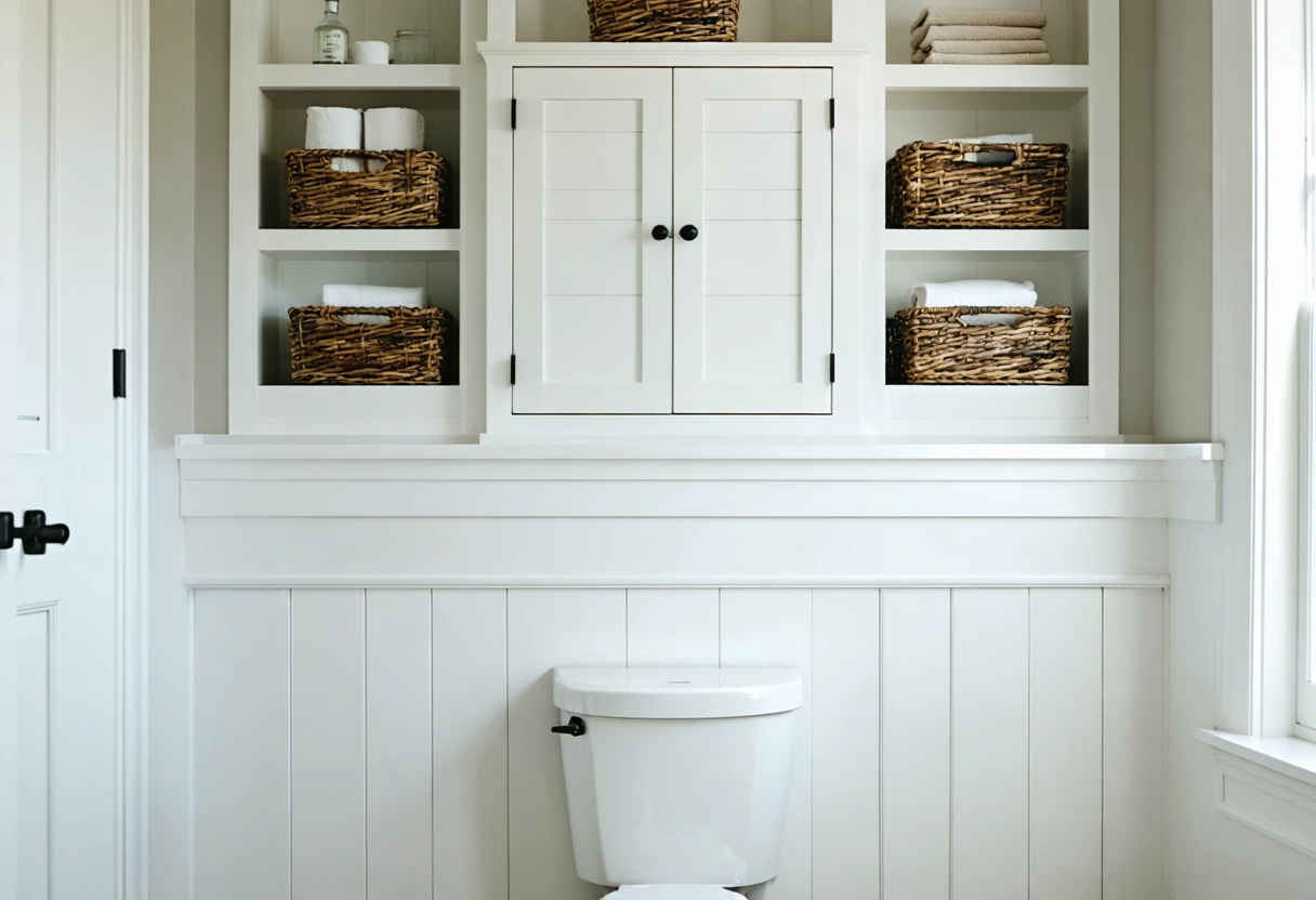 Compact bathroom wall storage above toilet with towels, baskets, and toiletries