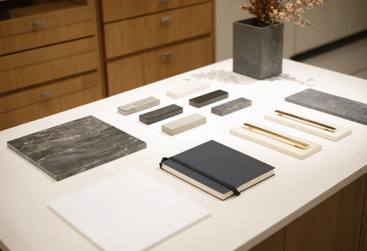 Cabinetry showroom display of samples, countertop chips, and blank notebook