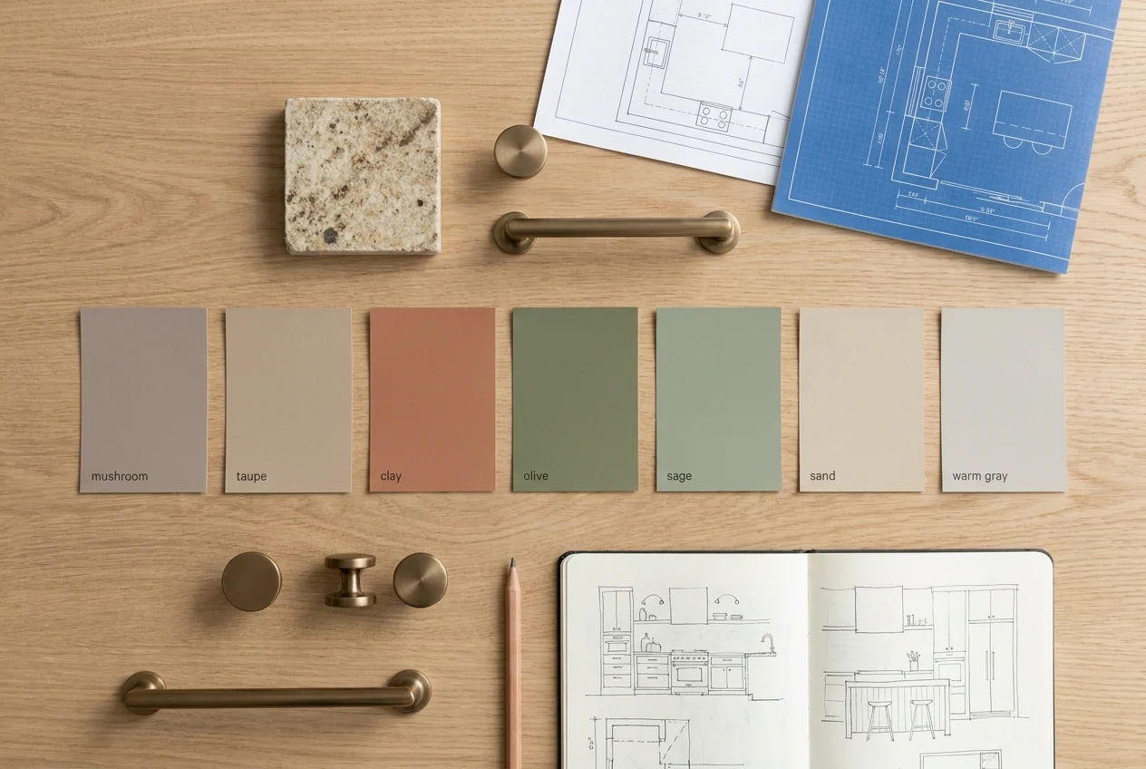 Paint chips, stone, hardware, and sketches for calm cabinet color planning