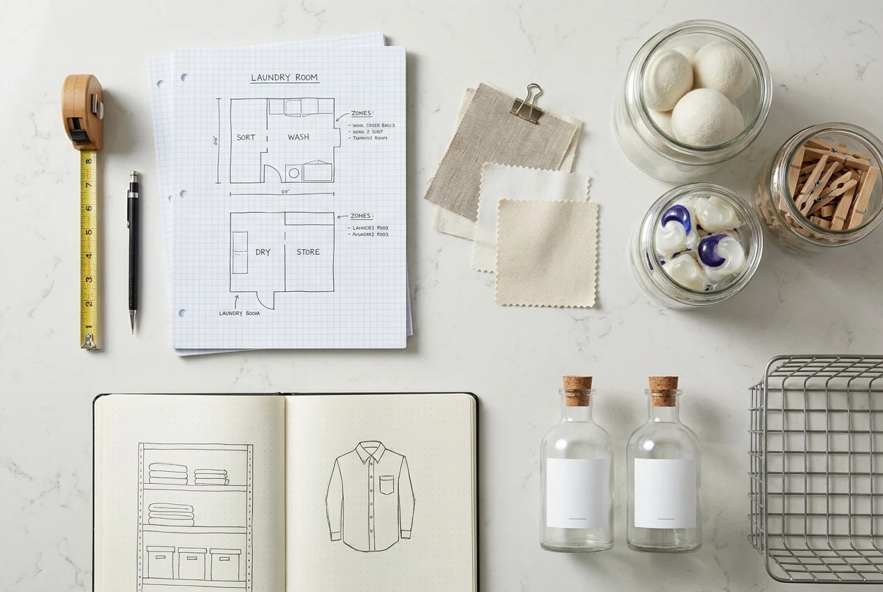 Top-down planning workspace with plans, swatches, bins, and laundry supplies