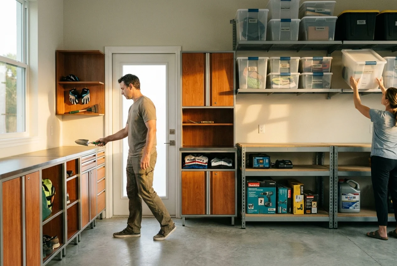 Adults navigate organized garage zones with accessible cabinets and clear walkways