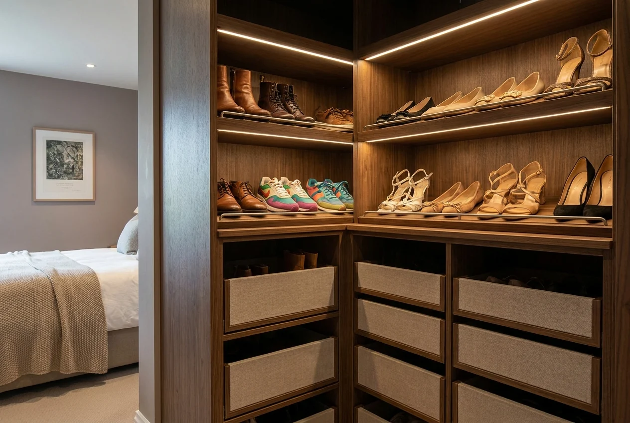 Compact closet shoe storage with varied shelves and pull-out cubbies
