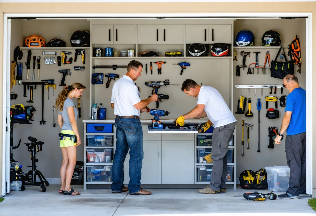 Couple and specialist adjust cabinet shelving and inspect organized tool drawers