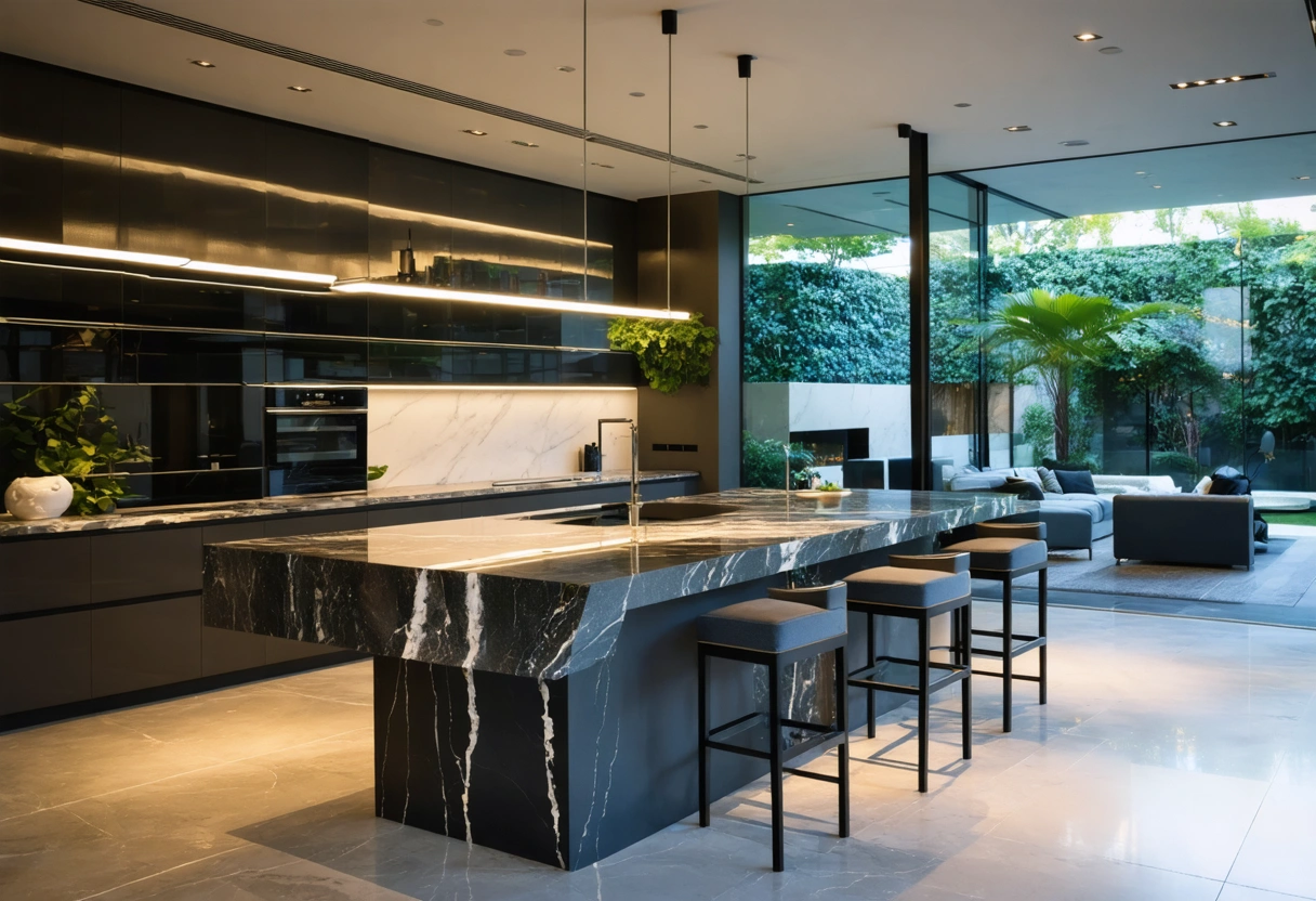 Modern kitchen island with mitered quartz edge and matching slab vanity sample