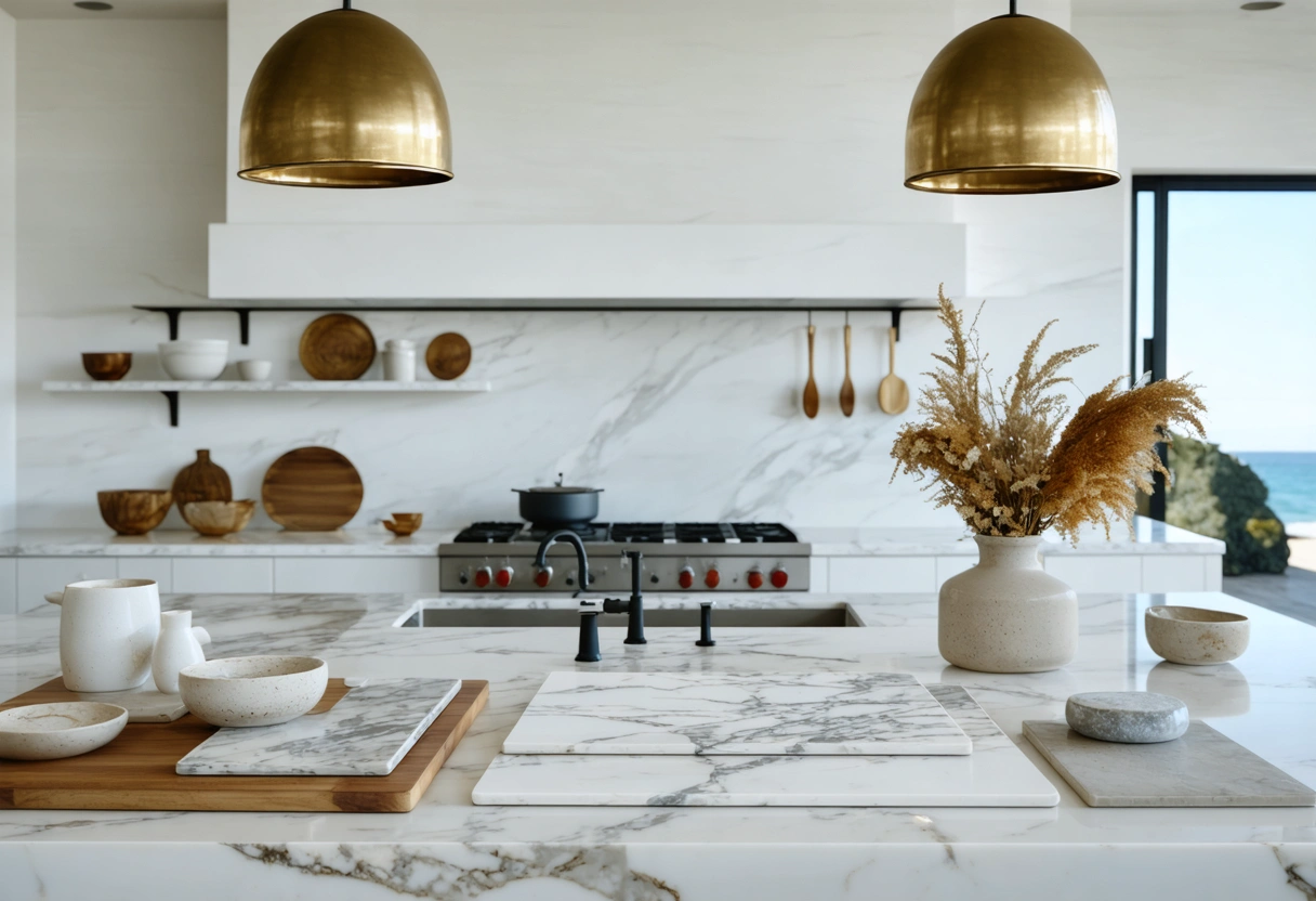 Cinematic photorealistic hero image of a refined kitchen design workspace in a bright coastal home, slightly elevated
