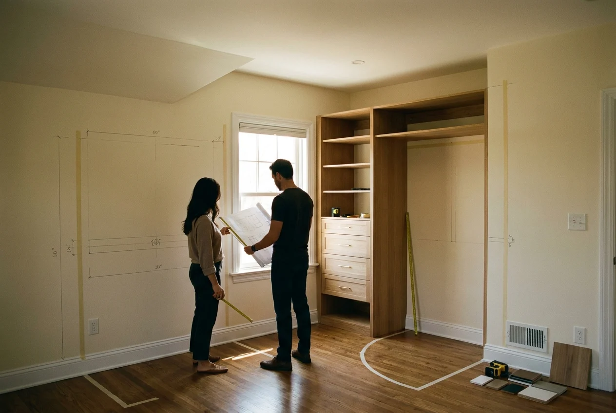Cinematic wide hero composition of a thoughtfully designed custom closet in a small bedroom, showing precise measuring