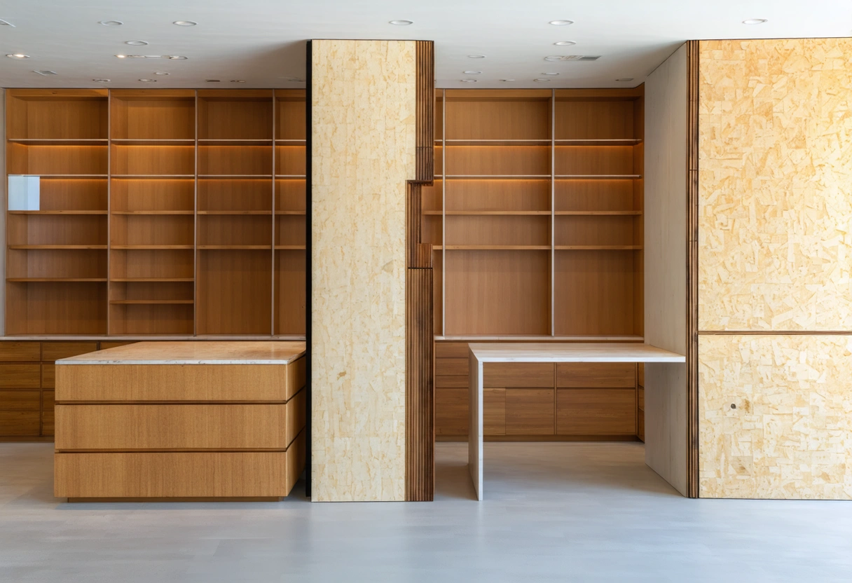 Cinematic wide hero composition of a modern local cabinetry workshop and showroom concept in Venice, Florida, showing