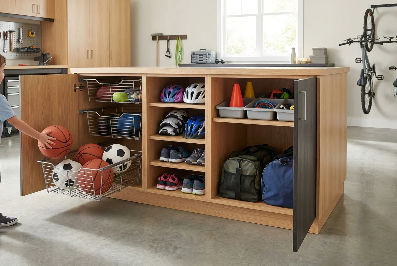Child returns ball to accessible youth sports cabinet with ventilated baskets