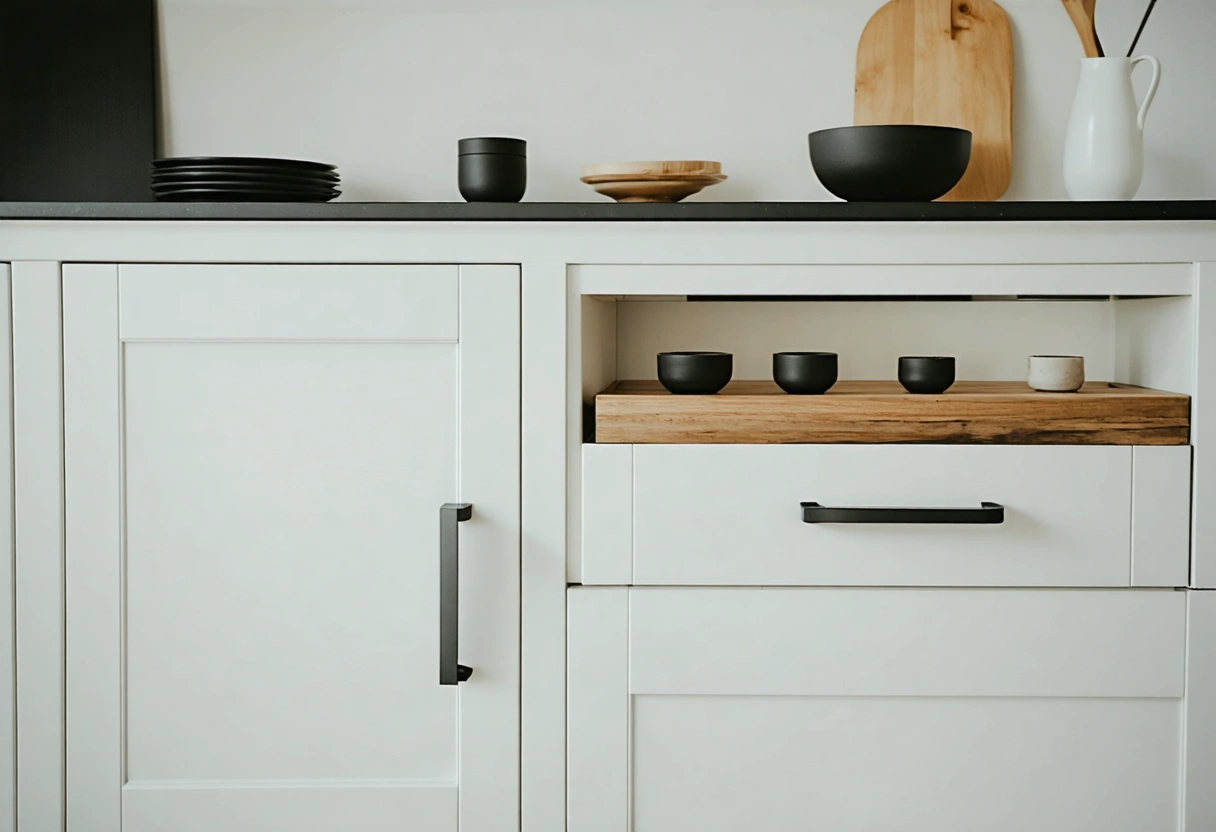 Partially refaced cabinetry shows slab drawer fronts above Shaker lower doors