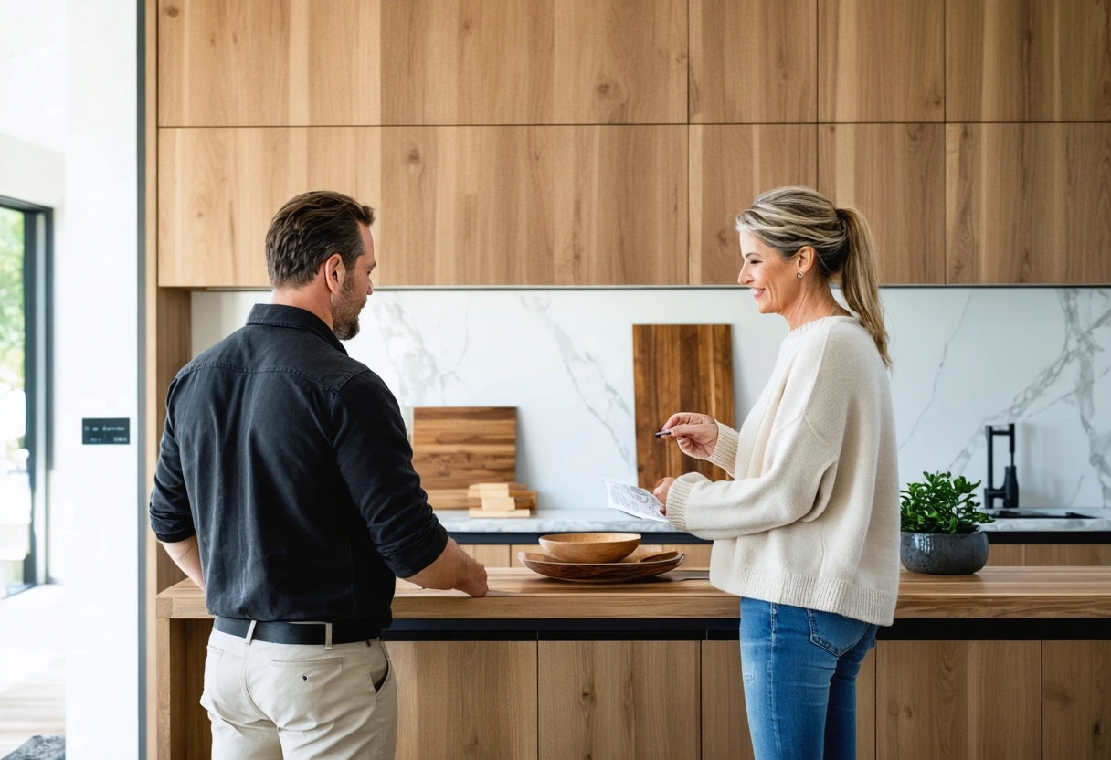 Designer and homeowner compare wood-tone cabinets with existing flooring samples