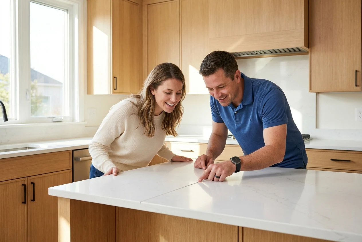 Installer aligns seamless countertop joint with color-matched adhesive in a coastal home