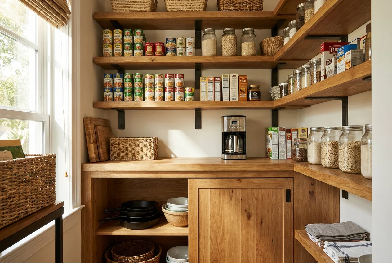 Organized pantry and base cabinets holding heavy goods and cookware