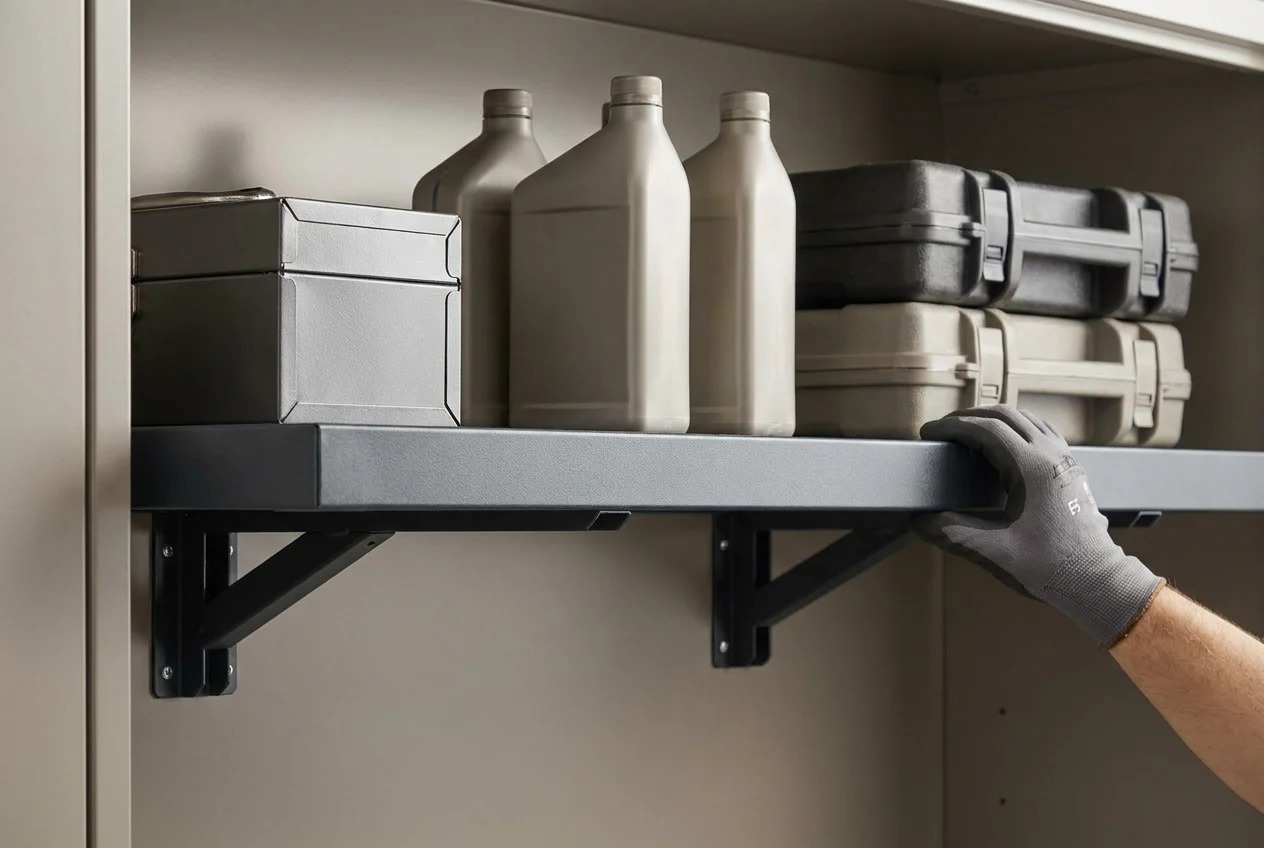 Reinforced cabinet shelf evenly supports toolbox, containers, and storage cases