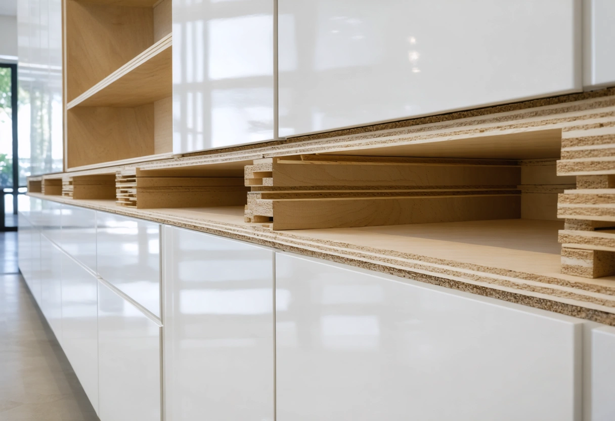 Frameless cabinet cutaway showing plywood layers supporting hinges and slide mounts
