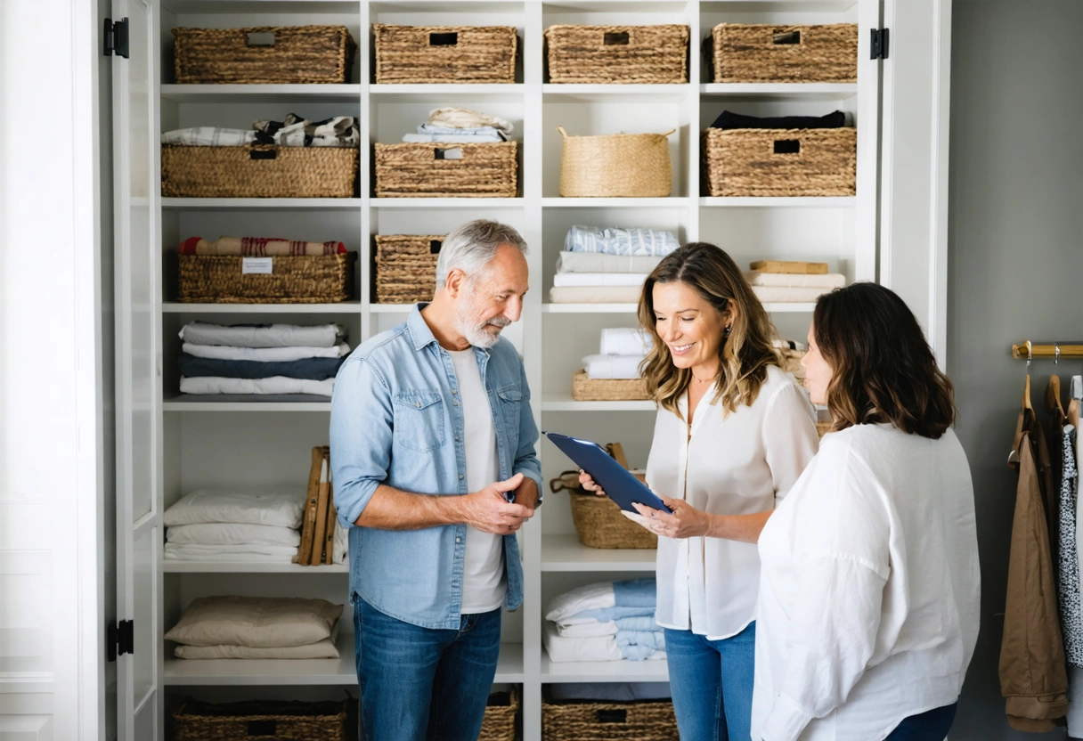 Homeowners and designer organizing labeled bins in a guest room closet