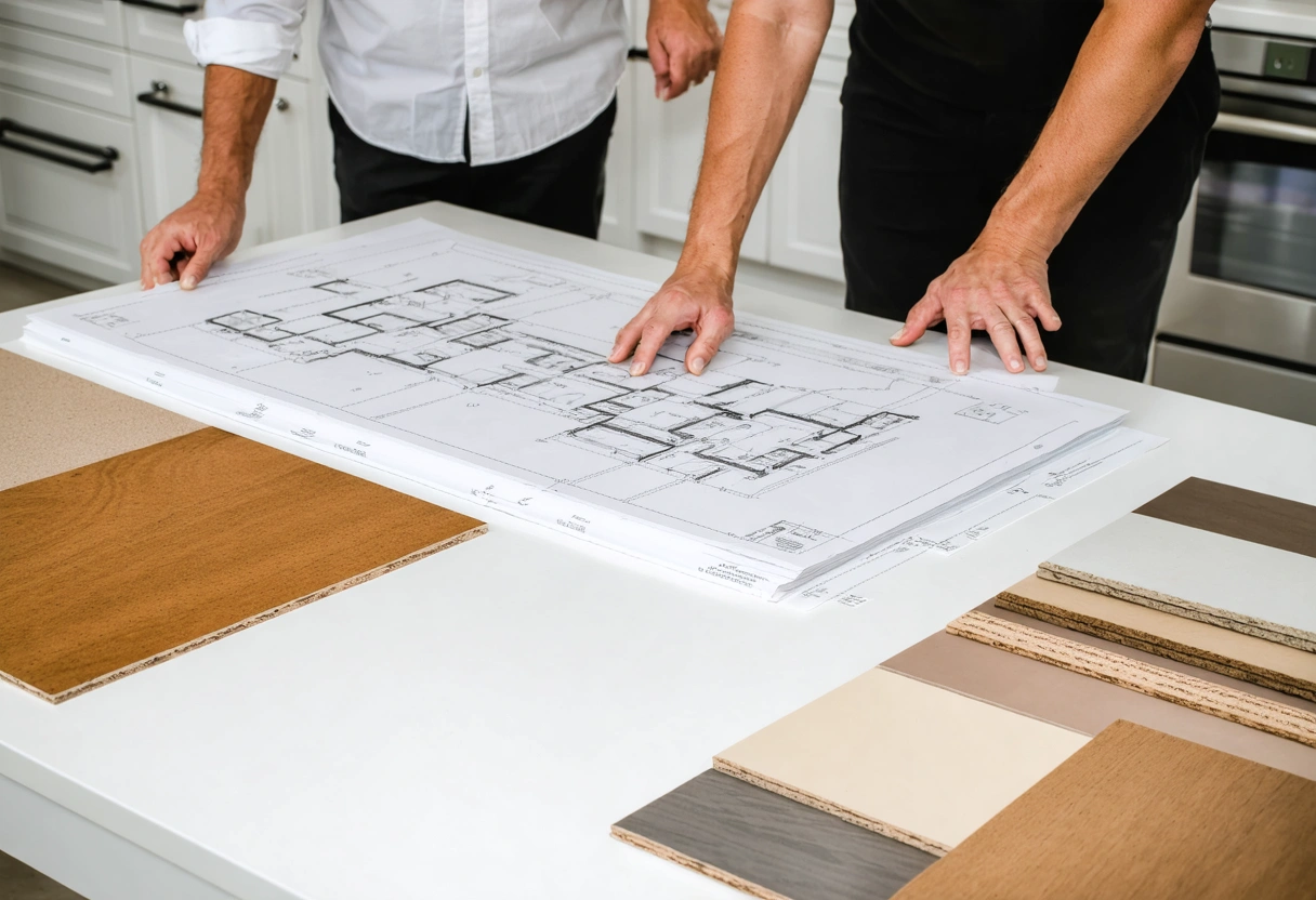 Homeowner and consultant comparing plywood and particleboard samples at showroom table