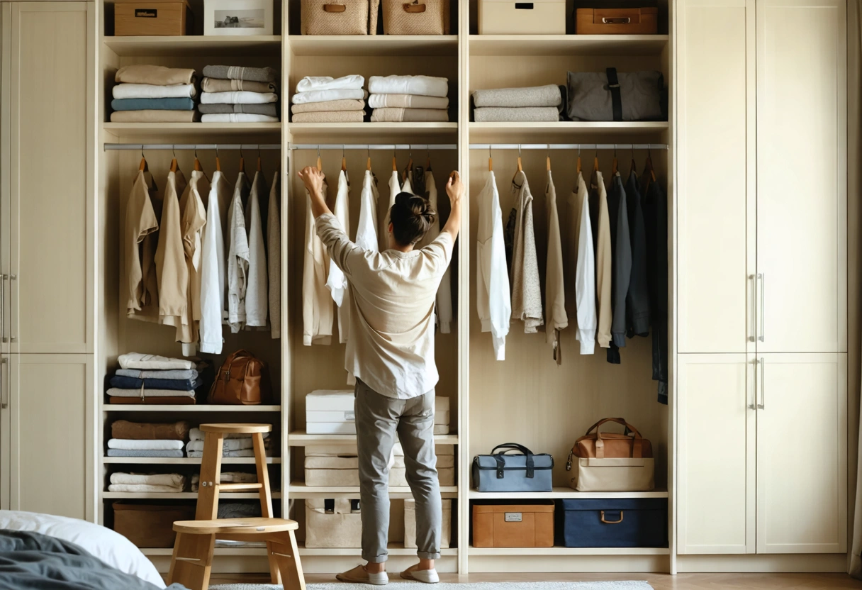 Person placing blankets and seasonal items on high closet shelves