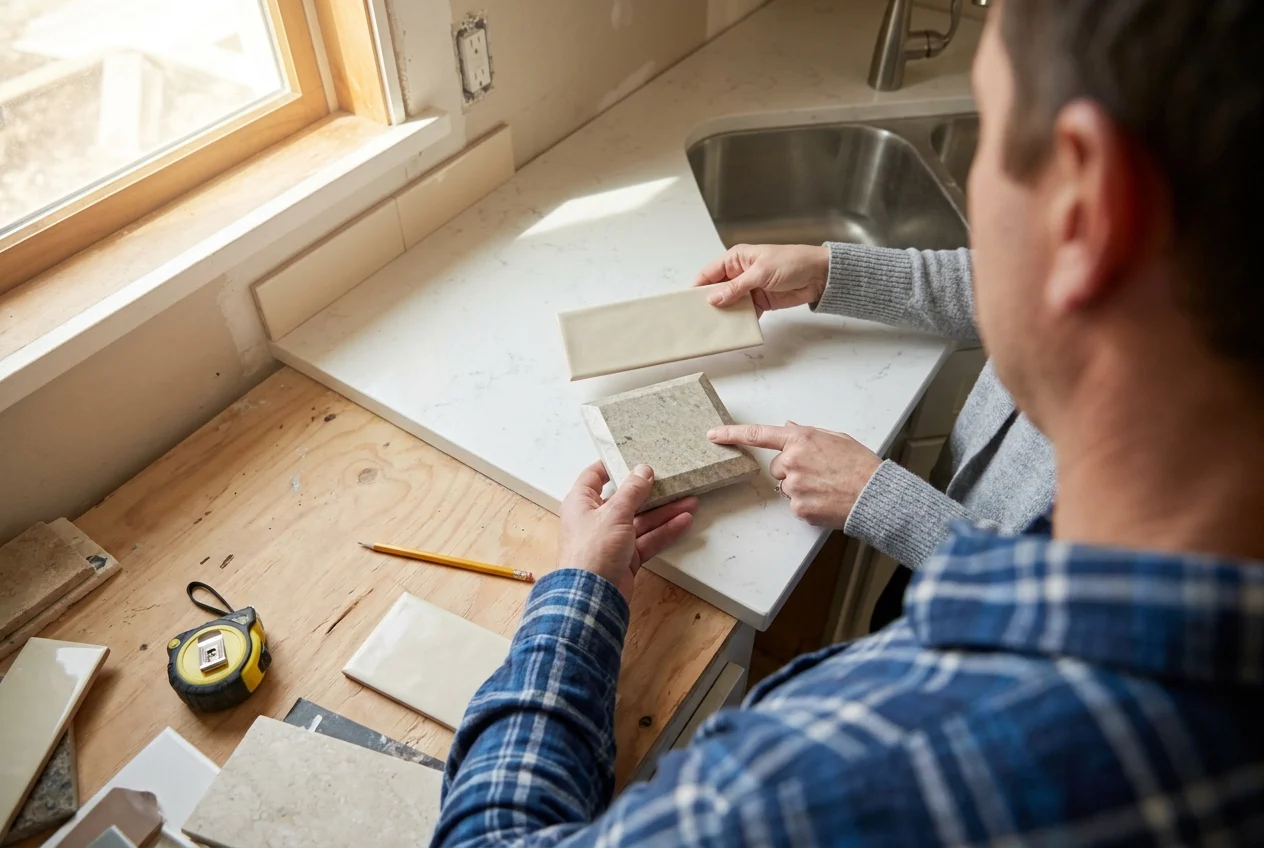 Bright kitchen remodel with short matching countertop backsplash and easy-clean surfaces