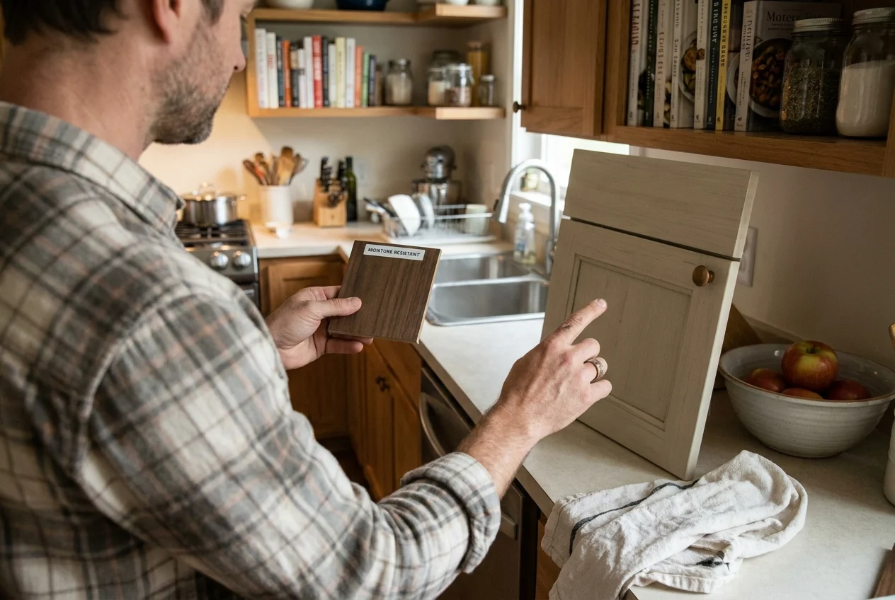Homeowner compares moisture-resistant cabinet samples in a busy family kitchen