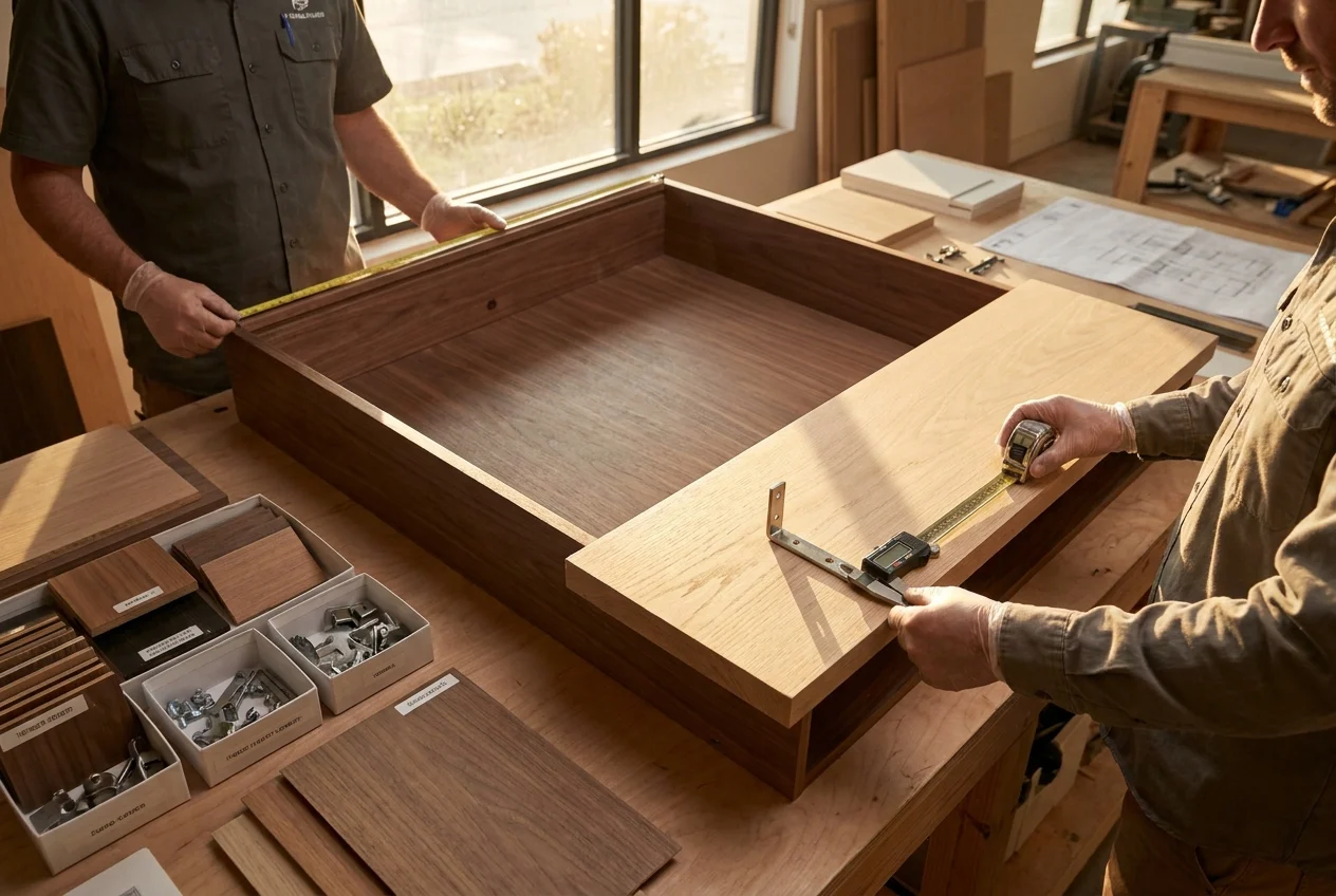 Cabinet inspection workspace with samples, tools, and professionals evaluating construction details