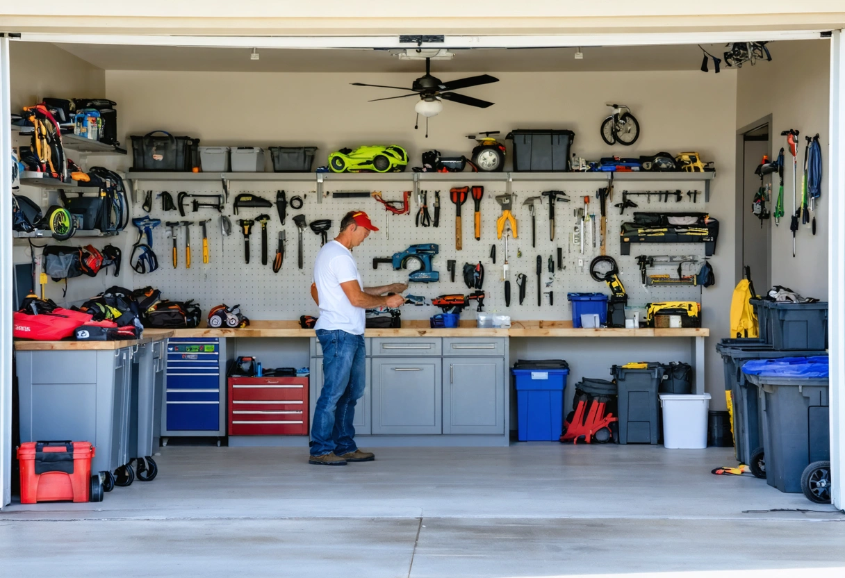 Homeowner and designer organize belongings in a spacious coastal garage