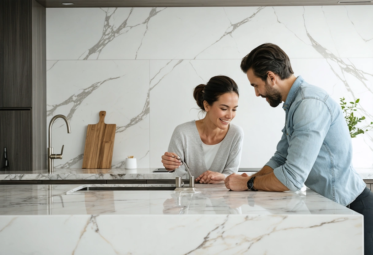 Close-up of quartz slab backsplash with flowing gray veining behind counter
