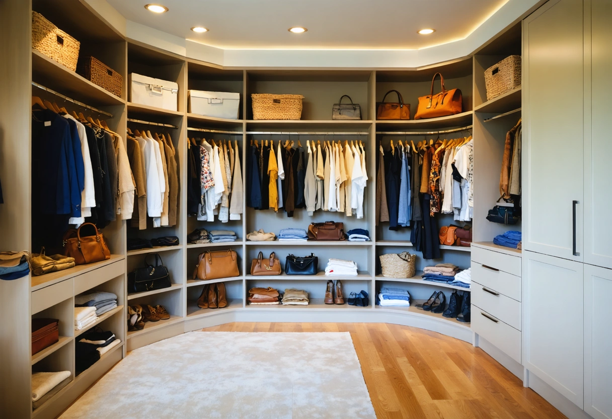 Corner shelving in a custom closet storing clothes, baskets, and linens