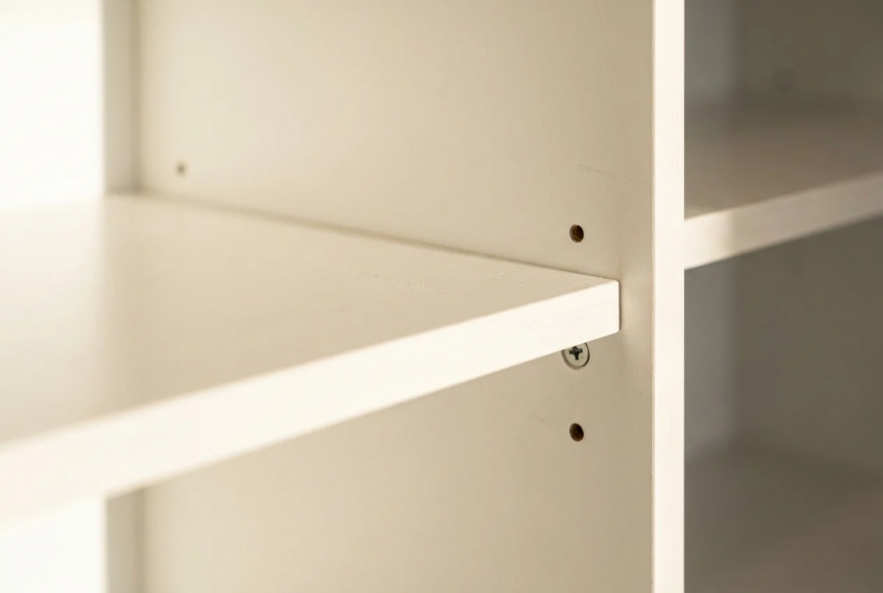 Finished kitchen cabinet interior with smooth particleboard shelf and neat hardware