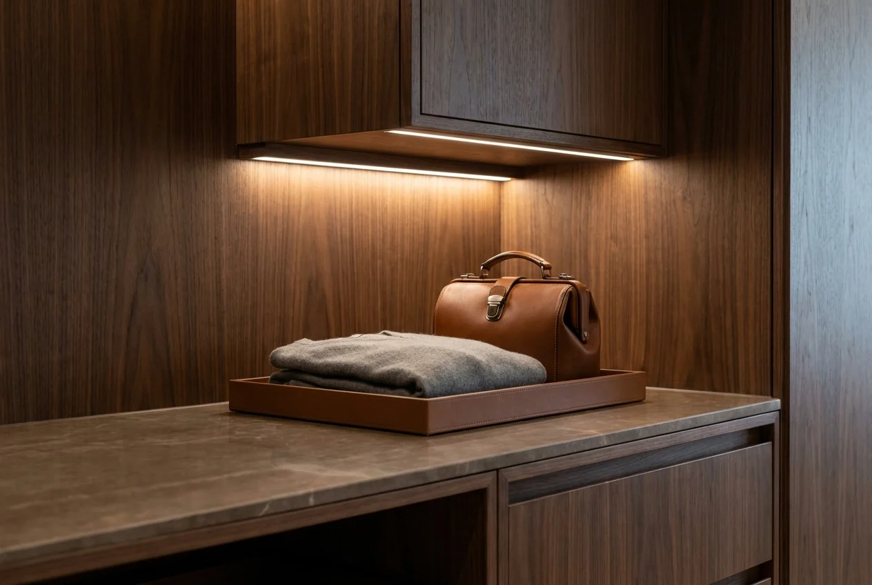 Close-up of closet countertop holding a tray, bag, and folded garment